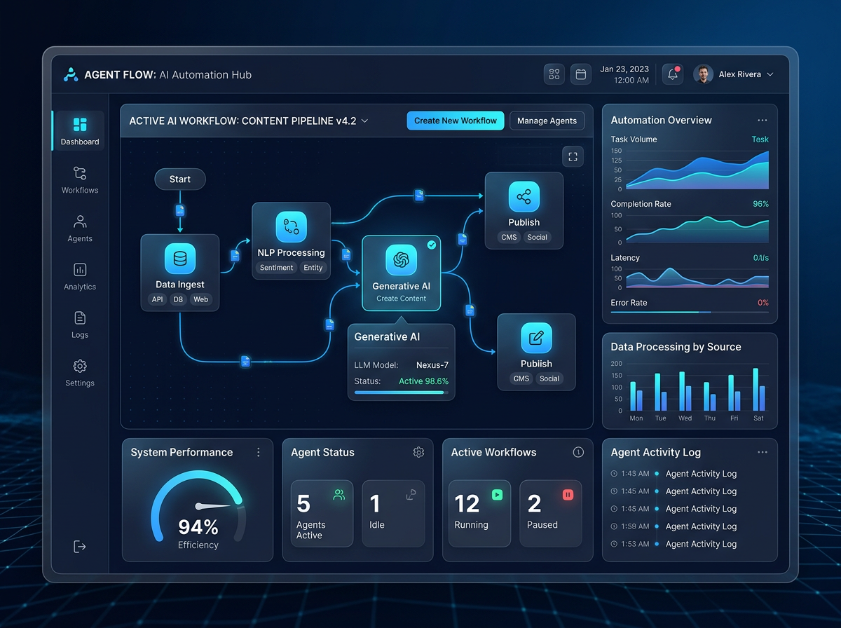 Dark mode AI workflow automation dashboard with node graphs and analytics