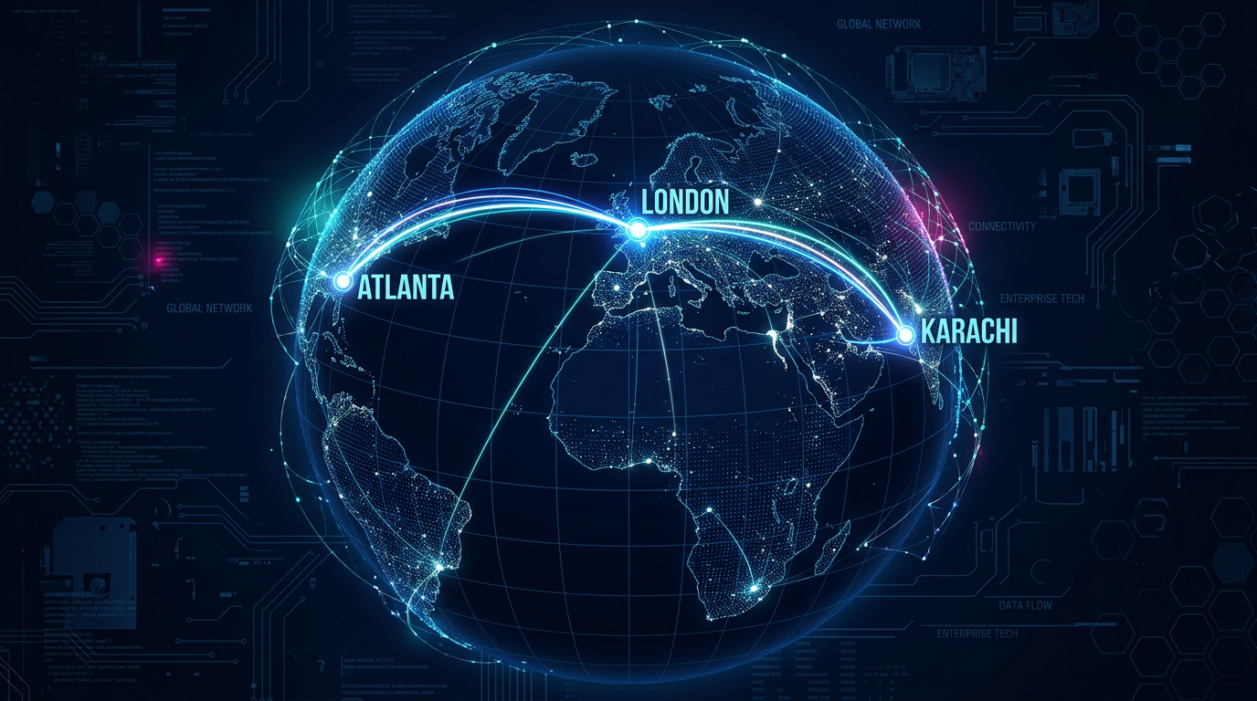 Global tech network connecting Karachi, London, and Atlanta