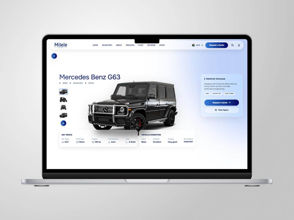 Milele automotive e-commerce platform interface built by Atompoint, shown on a laptop screen